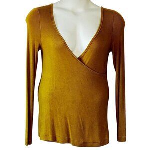 Free People Just My Type Surplice Top Faux Wrap Mustard Yellow Long OVERSIZED XS